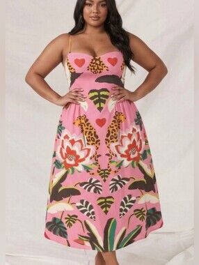 Tropical Jungle Print Tik Tok Heart Pink Midi Dress 2XL TikTok Nice To Meet You